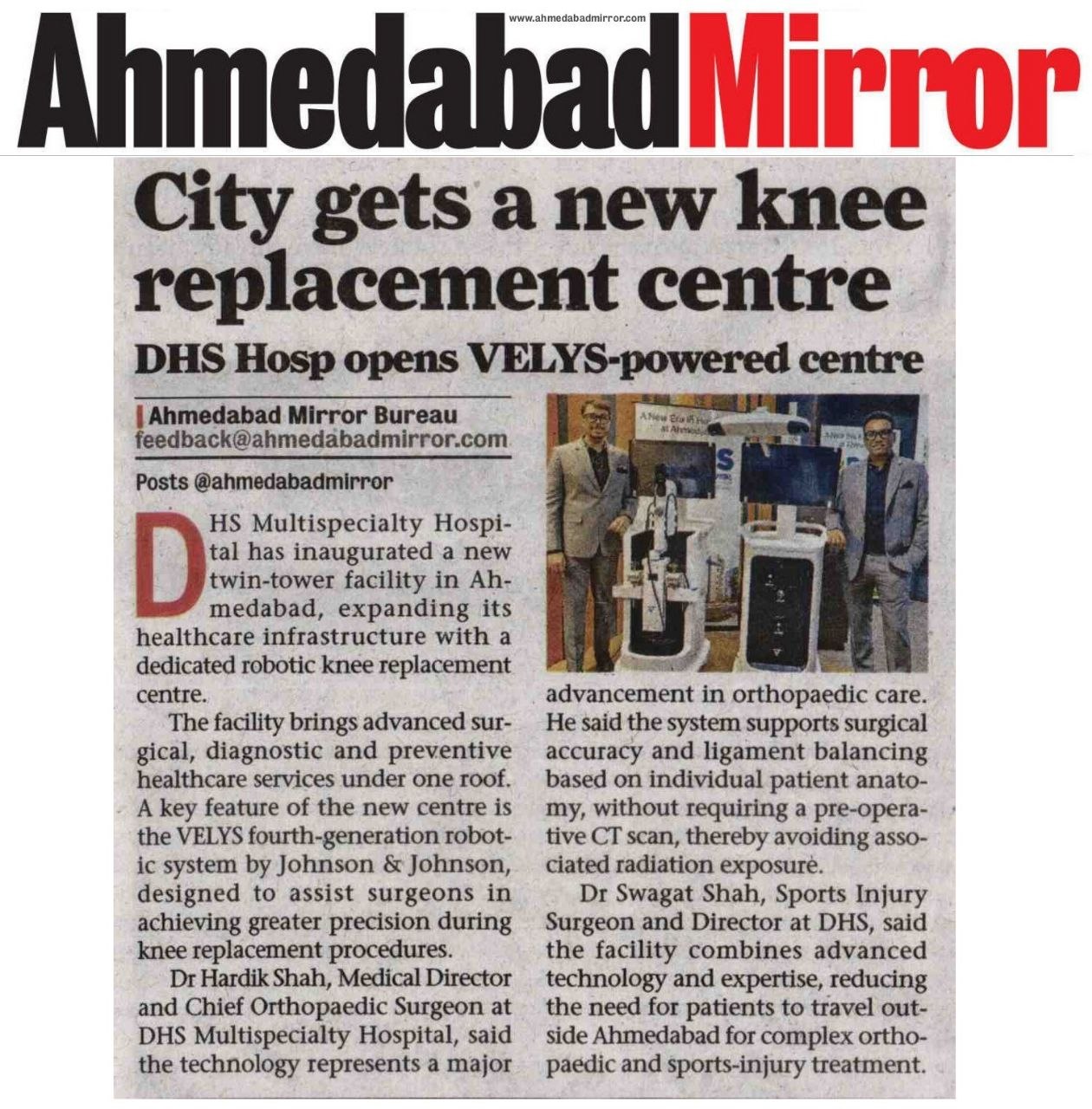 Ahmedabad Mirror press coverage of DHS Multispecialty Hospital's twin tower inauguration and J&J VELYS robotic knee replacement launch